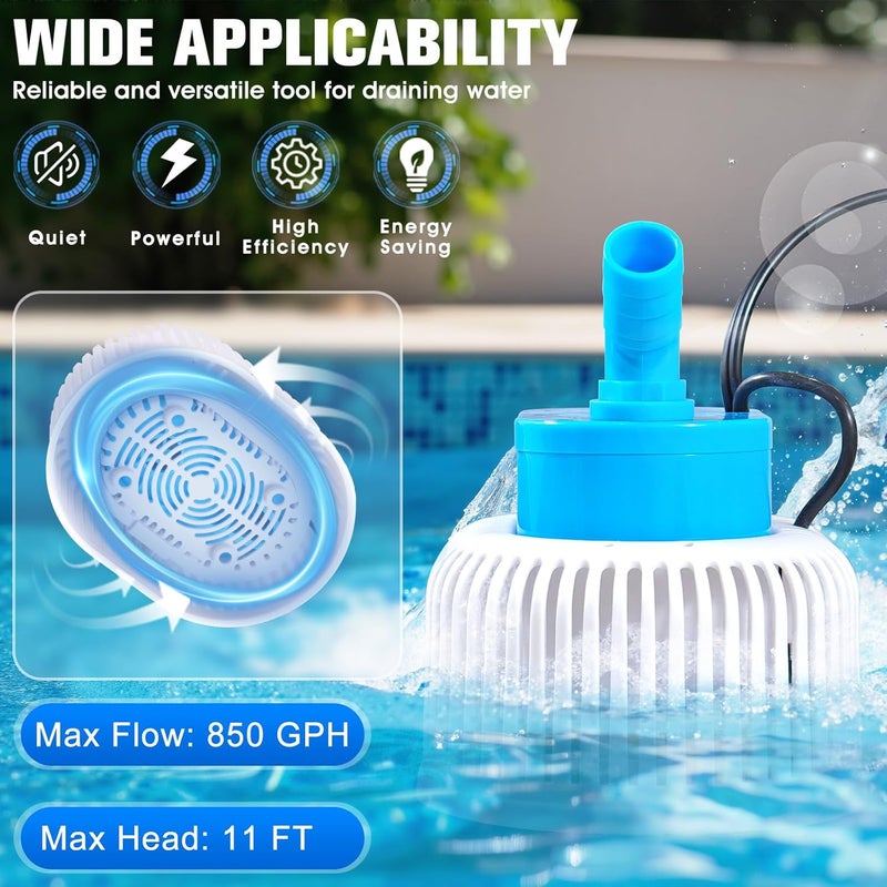 CoolPump Pool Cover Pump with Lights, Above Ground Sump Pump Submersible, Sump Pumps for Pool Draining, Water Removal Pumps with 16ft Drainage Hose & 25 ft Extra Long Power Cord,850 GPH,4 Adapters-Light Blue - Image 4